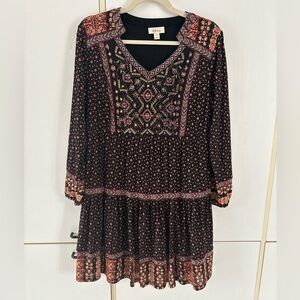 Black Boho Embroidered Beaded V-Neck Tiered Midi Dress Cottagecore Western Flowy